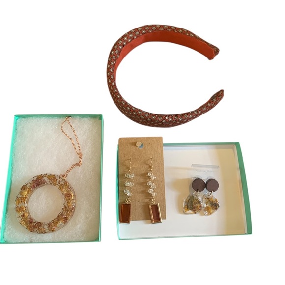 Burnt Orange Handmade Headband Gift set with Milkweed Resin Jewelry Earrings - Picture 1 of 7